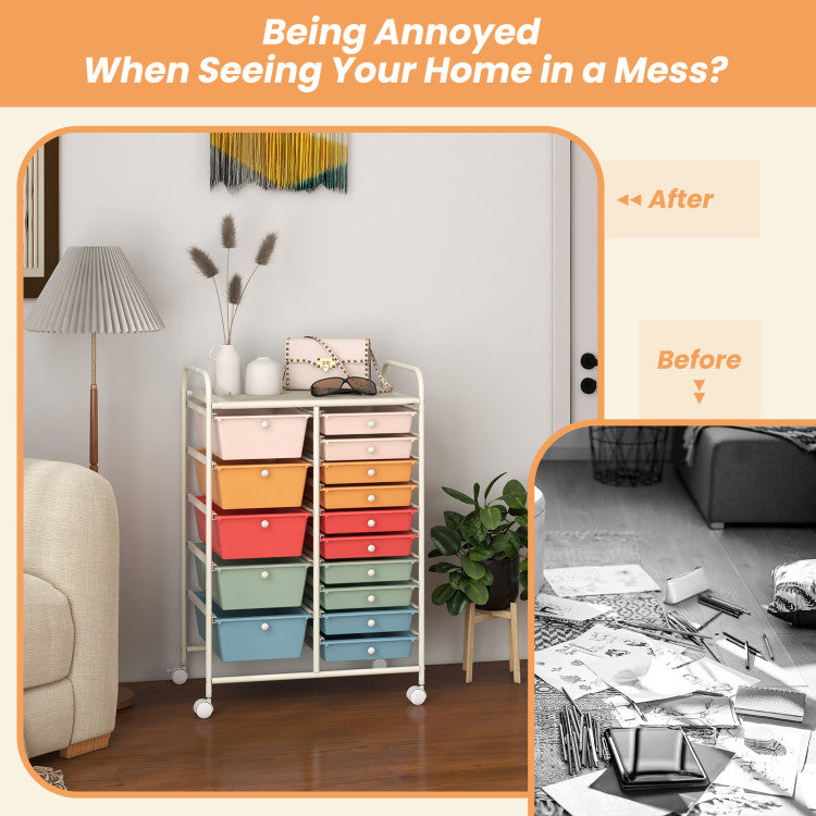 15-Drawer Utility Rolling Organizer Cart Multi-Use Storage