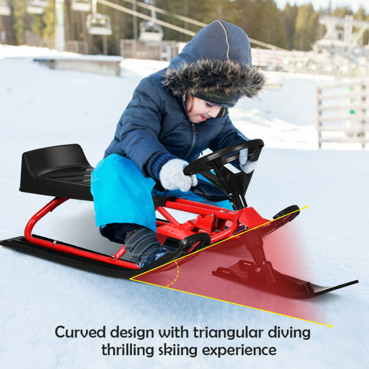 Snow Sled with Steering Wheel and Double Brakes Pull Rope Slider