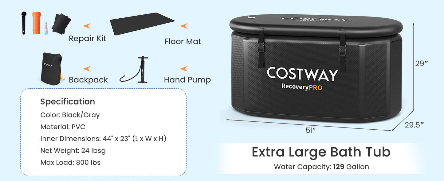 XL 129 Gal Oval Ice Bath Tub with Cover and Hand Pump for Athletes