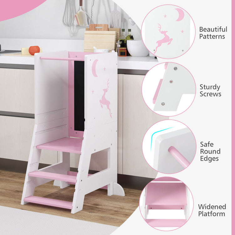 Toddler Kitchen Stool Helper Baby Standing Tower with Chalkboard and Whiteboard
