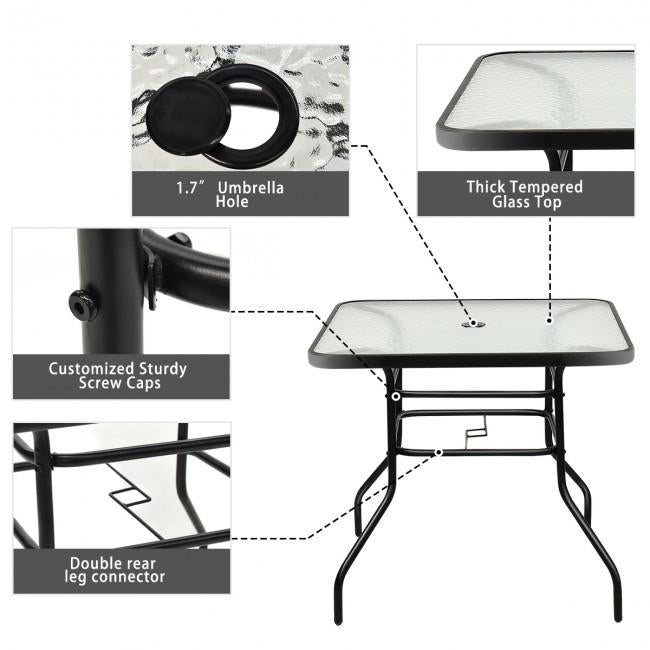 32 Inch Patio Tempered Glass Steel Frame Square Table