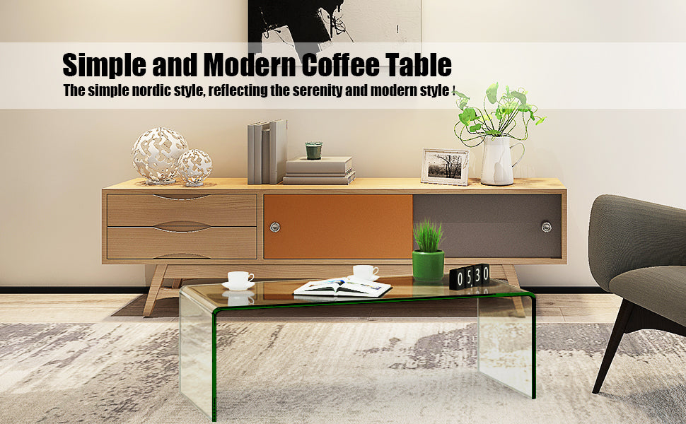 42 x 19.7 Inch Clear Tempered Glass Coffee Table with Rounded Edges