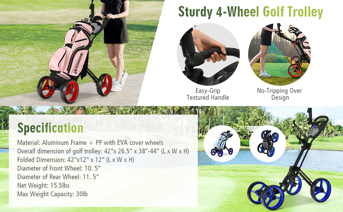 4 Wheels Golf Push Cart with Brake Scoreboard Adjustable Handle