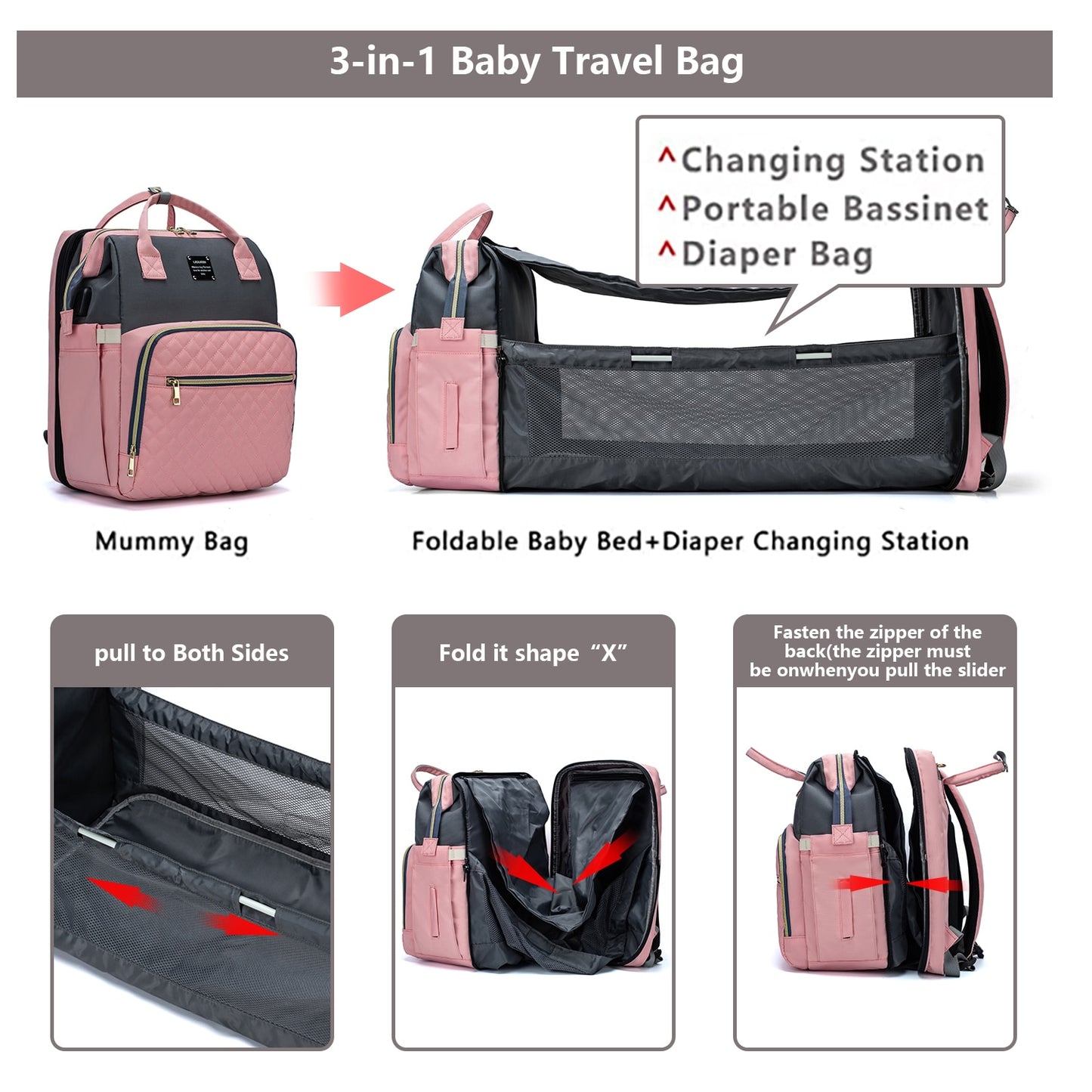 3 In 1 Diaper Bag Backpack with Changing Bed