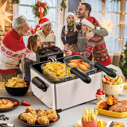 Electric Deep Fryer 5.3QT/21-Cup Stainless Steel 1700W with Triple Basket