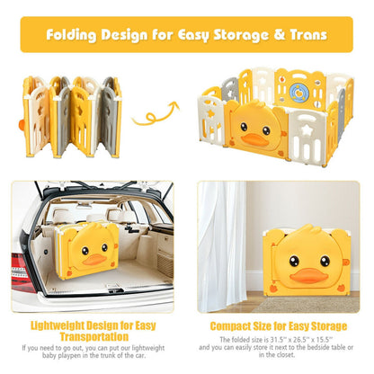 Portable Baby Playpen with Yellow Duck Pattern and Non-Slip Rubber Bases