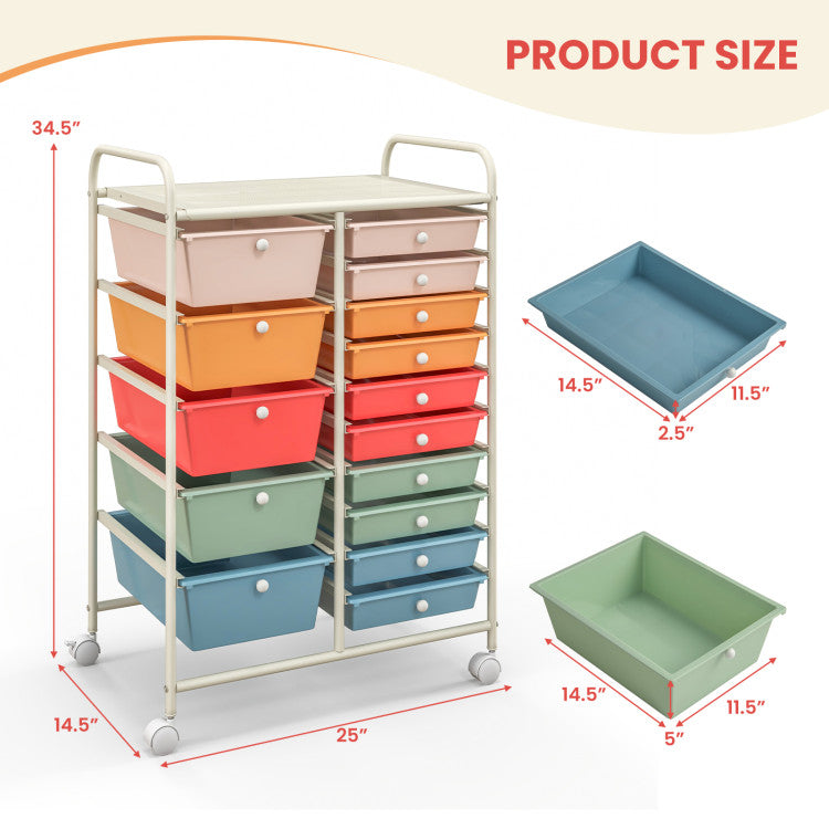 15-Drawer Utility Rolling Organizer Cart Multi-Use Storage