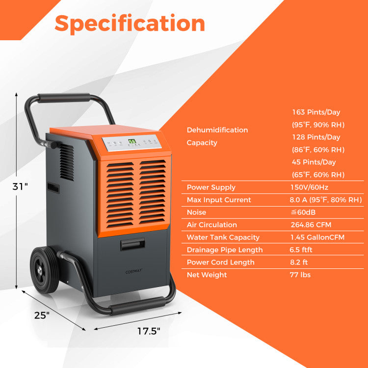 Portable Commercial Dehumidifier with Tank and Drainage Pipe-Gray