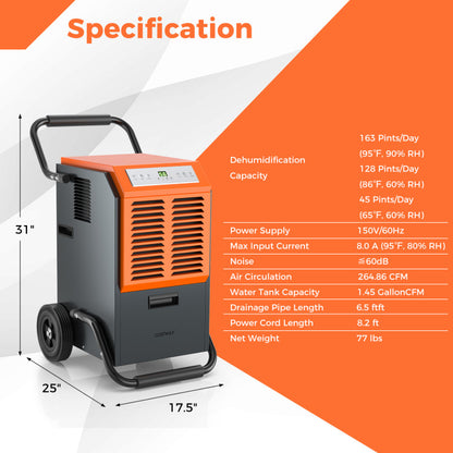 Portable Commercial Dehumidifier with Tank and Drainage Pipe-Gray