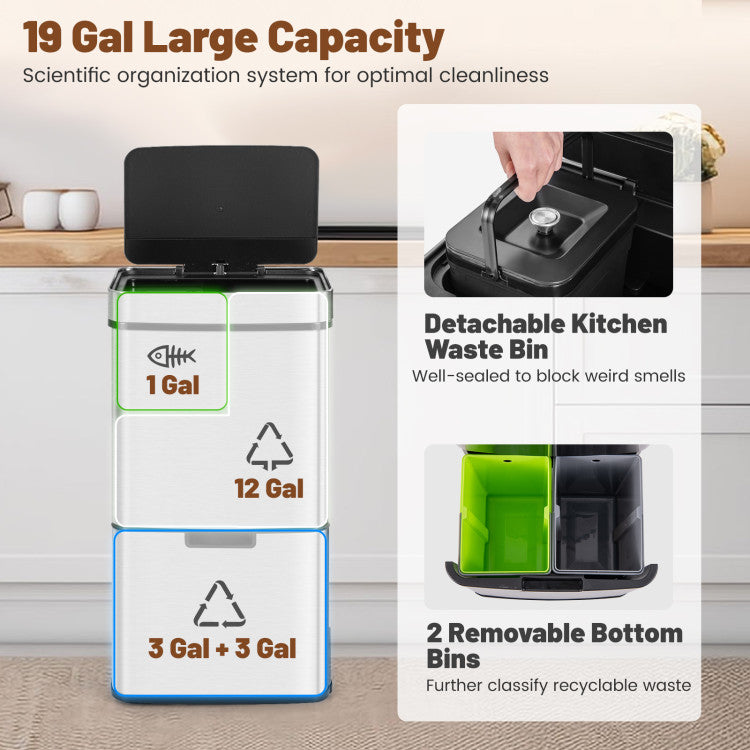 Stainless Steel Trash Can with 2 Recycling Bins
