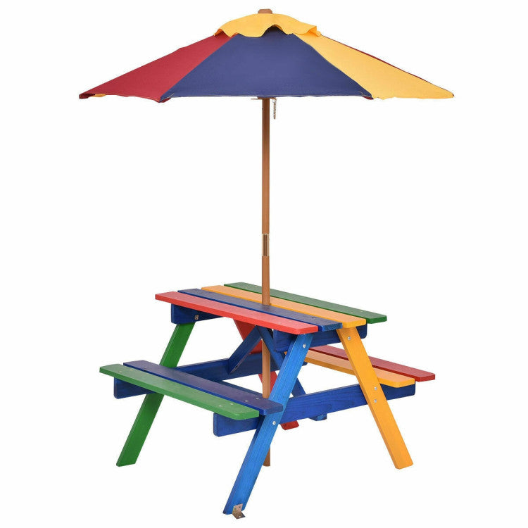 4-Seat Outdoor Kids Picnic Table Bench Set with Removable Umbrella