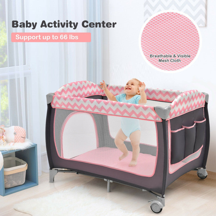3-in-1 Portable Baby Playard with Zippered Door and Toy Bar