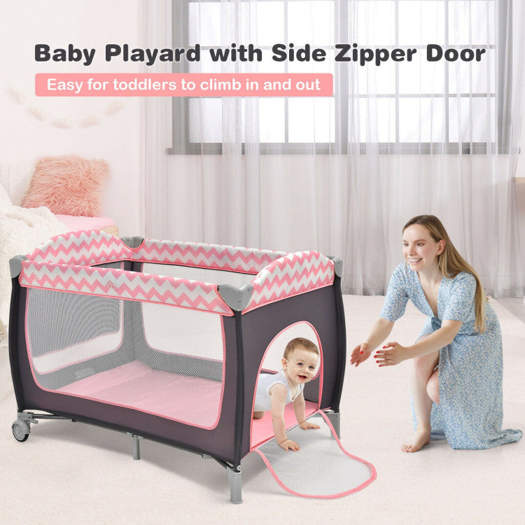 3-in-1 Portable Baby Playard with Zippered Door and Toy Bar