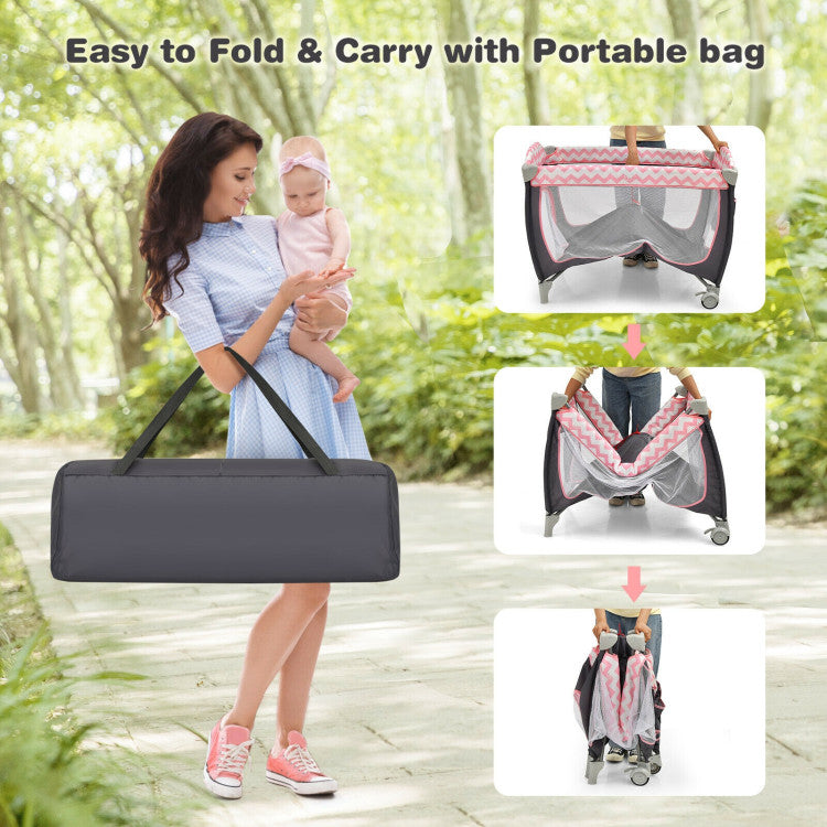 3-in-1 Portable Baby Playard with Zippered Door and Toy Bar