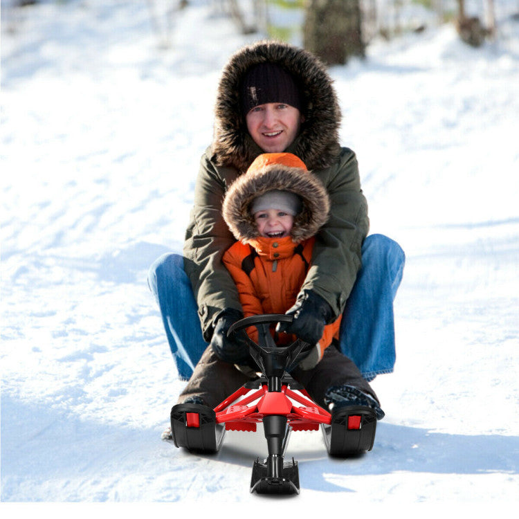 Snow Sled with Steering Wheel and Double Brakes Pull Rope Slider