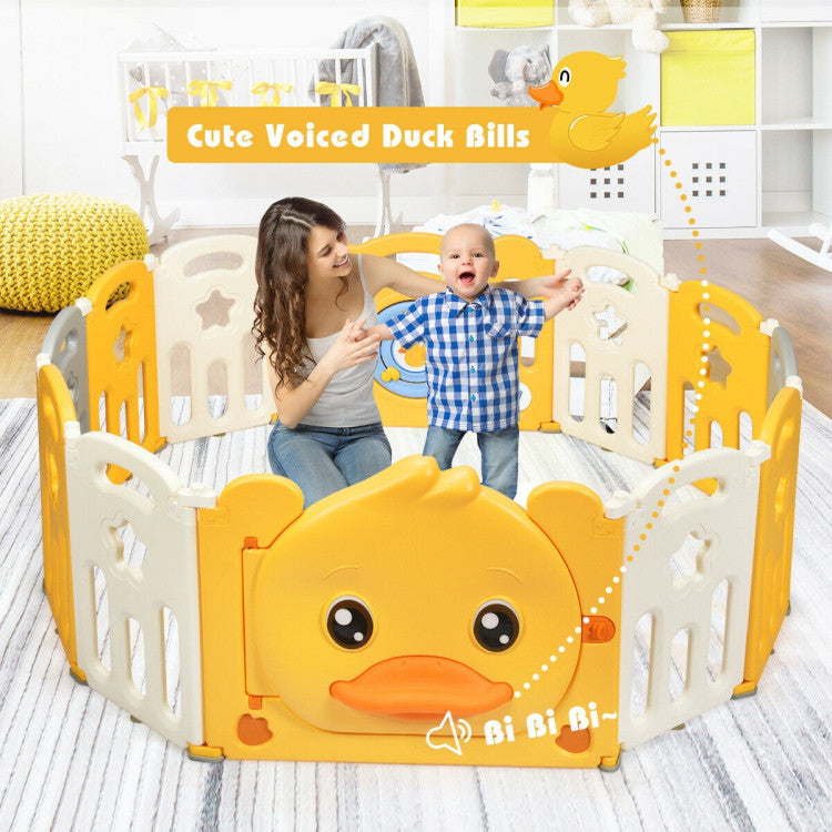 Portable Baby Playpen with Yellow Duck Pattern and Non-Slip Rubber Bases