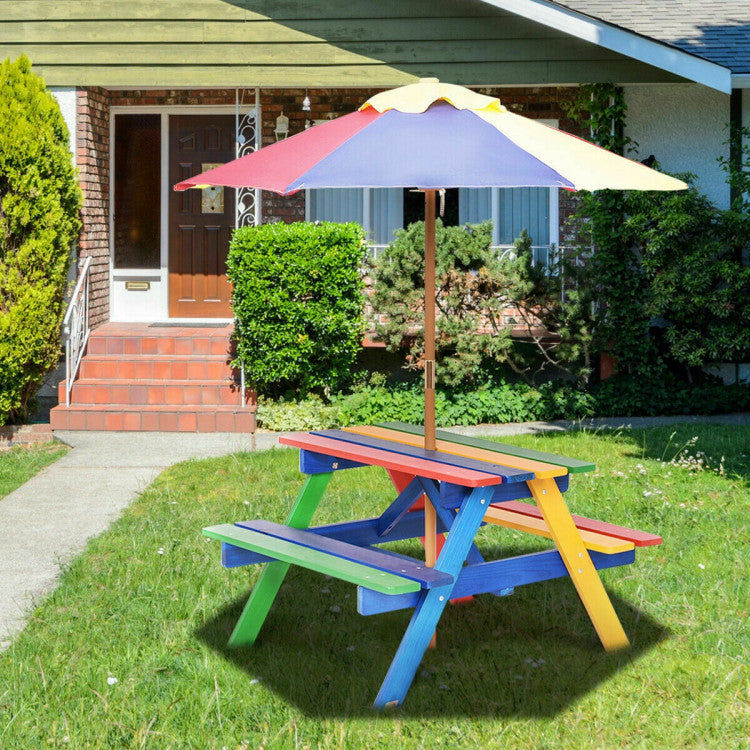 4-Seat Outdoor Kids Picnic Table Bench Set with Removable Umbrella