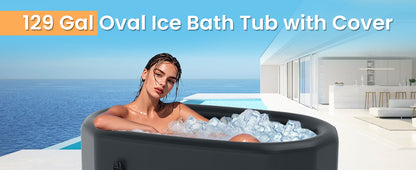 XL 129 Gal Oval Ice Bath Tub with Cover and Hand Pump for Athletes