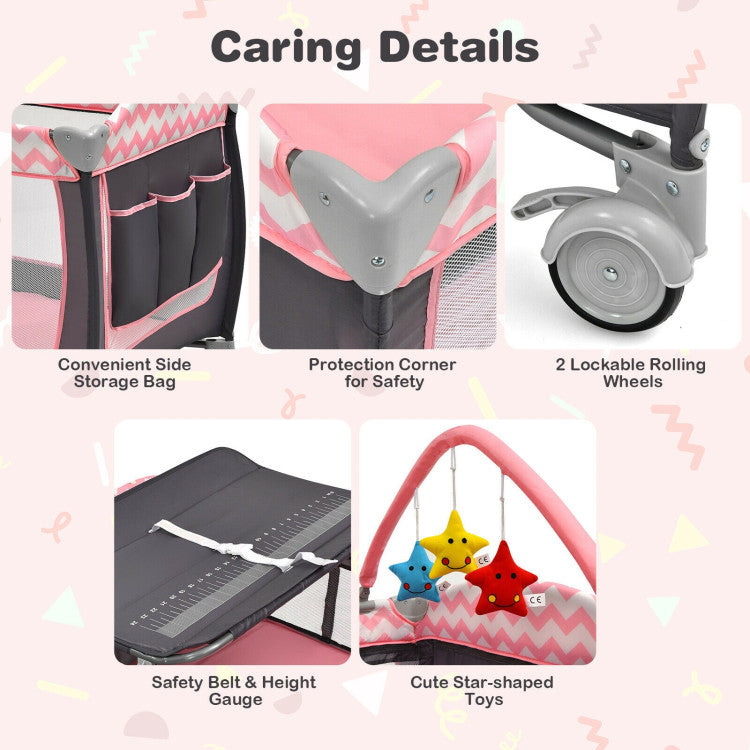 3-in-1 Portable Baby Playard with Zippered Door and Toy Bar
