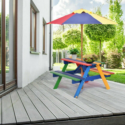 4-Seat Outdoor Kids Picnic Table Bench Set with Removable Umbrella