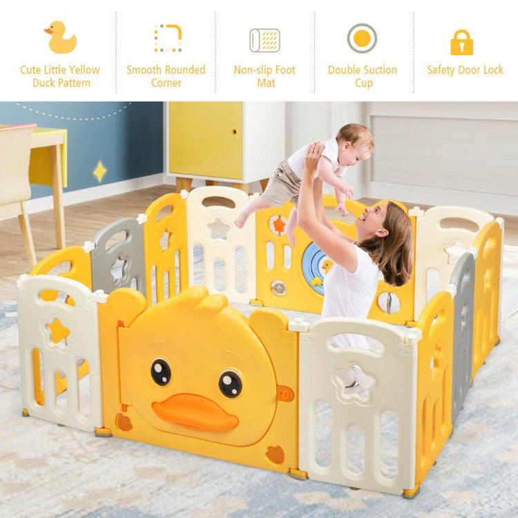 Portable Baby Playpen with Yellow Duck Pattern and Non-Slip Rubber Bases