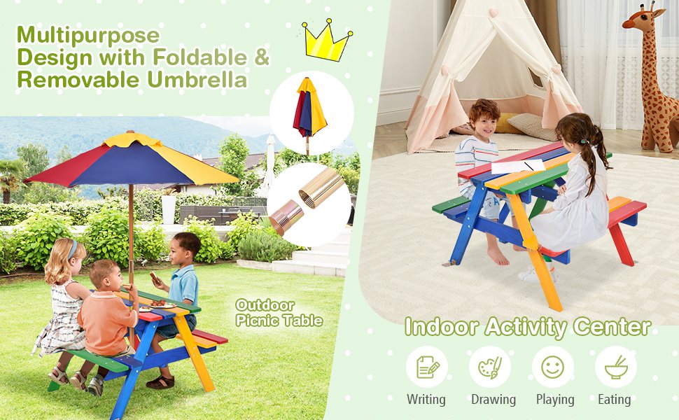 4-Seat Outdoor Kids Picnic Table Bench Set with Removable Umbrella