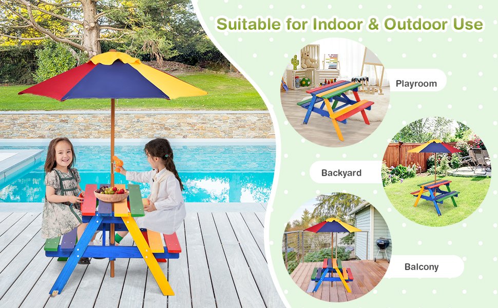 4-Seat Outdoor Kids Picnic Table Bench Set with Removable Umbrella