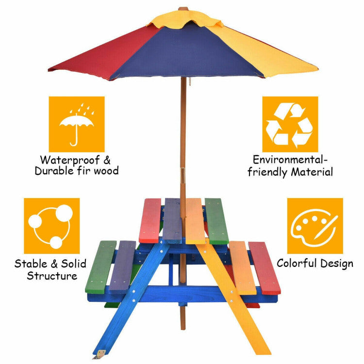 4-Seat Outdoor Kids Picnic Table Bench Set with Removable Umbrella