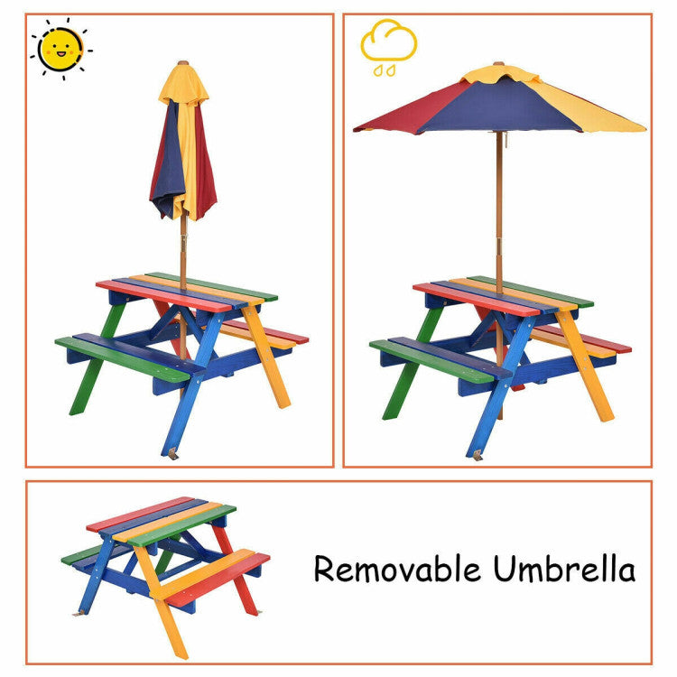 4-Seat Outdoor Kids Picnic Table Bench Set with Removable Umbrella