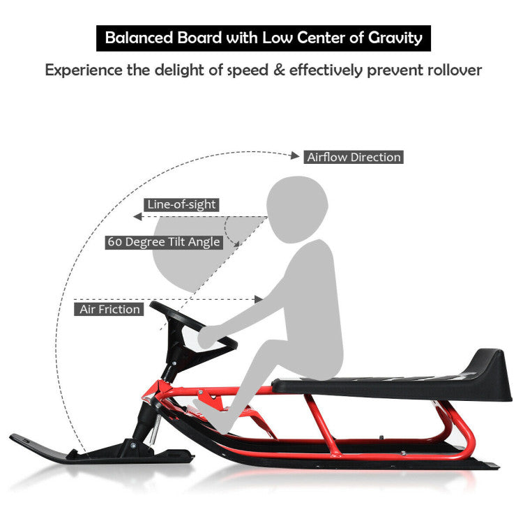 Snow Sled with Steering Wheel and Double Brakes Pull Rope Slider