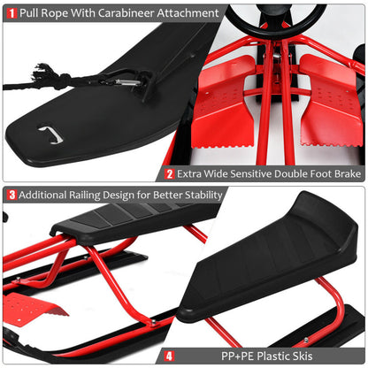Snow Sled with Steering Wheel and Double Brakes Pull Rope Slider
