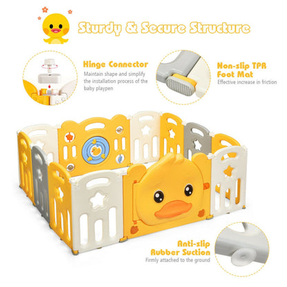 Portable Baby Playpen with Yellow Duck Pattern and Non-Slip Rubber Bases