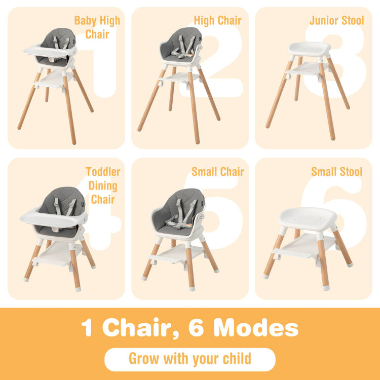 6 in 1 Convertible Highchair with Safety Harness and Removable Tray