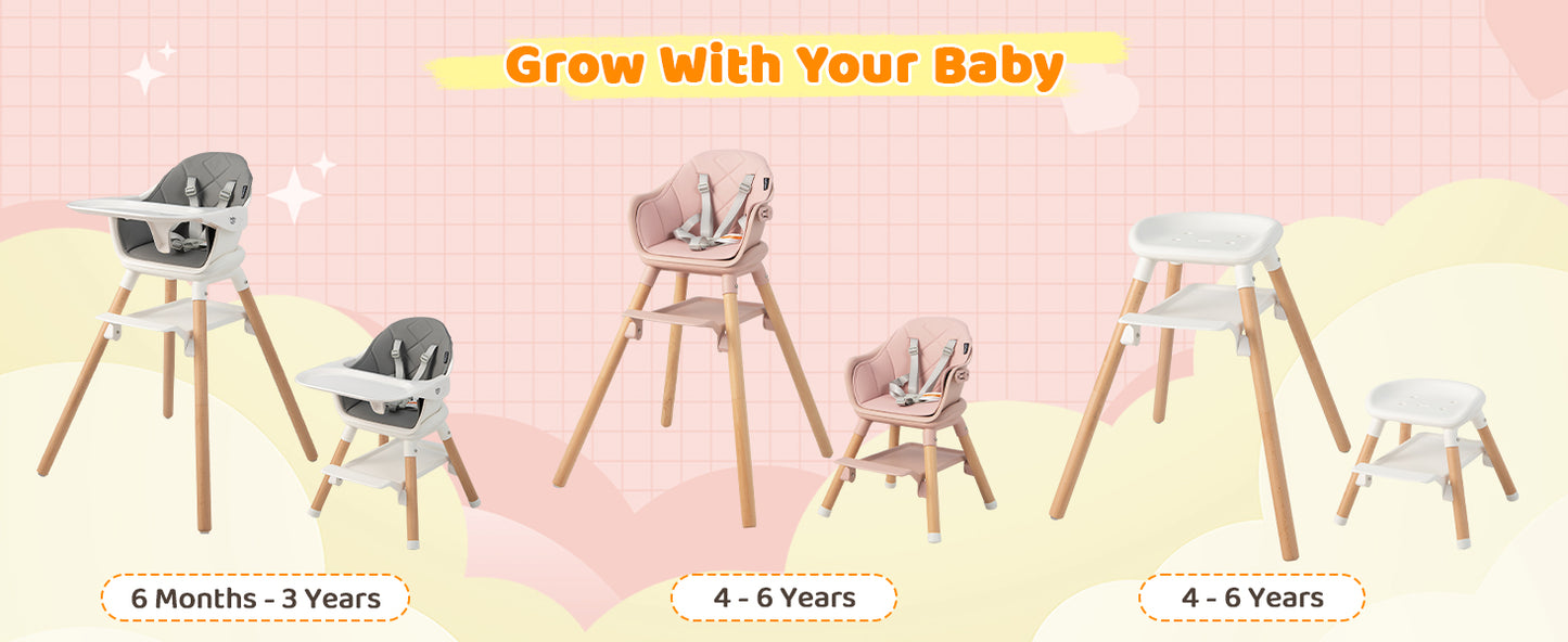 6 in 1 Convertible Highchair with Safety Harness and Removable Tray