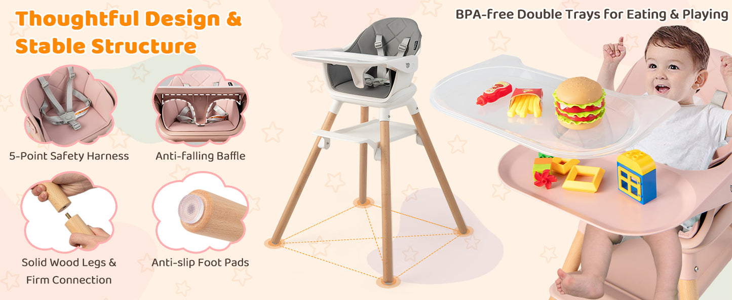 6 in 1 Convertible Highchair with Safety Harness and Removable Tray