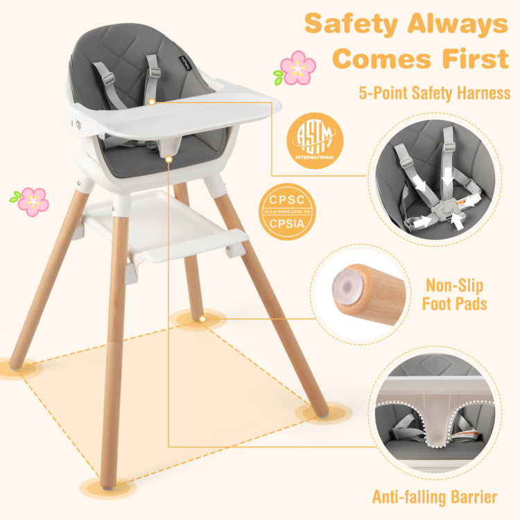 6 in 1 Convertible Highchair with Safety Harness and Removable Tray