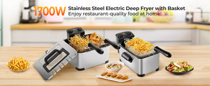 Electric Deep Fryer 5.3QT/21-Cup Stainless Steel 1700W with Triple Basket
