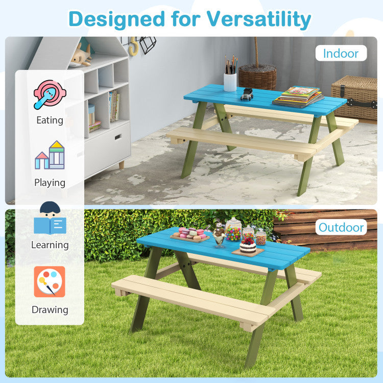 Kids Wooden Picnic Table Set Toddler Activity and Dining Table with Built-in Benches