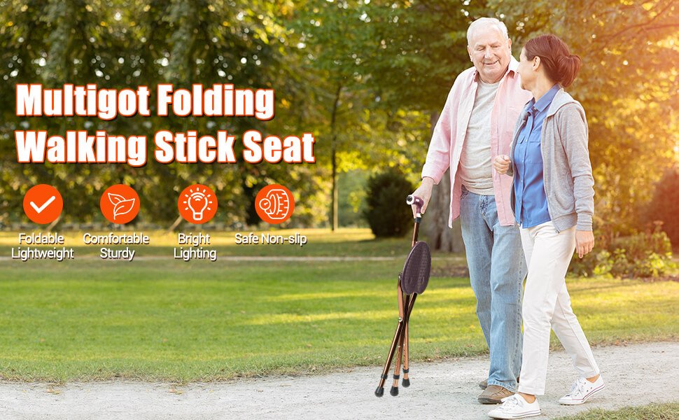 Adjustable Lightweight Folding Cane Seat with Light