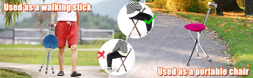 Adjustable Lightweight Folding Cane Seat with Light