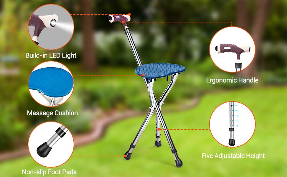 Adjustable Lightweight Folding Cane Seat with Light