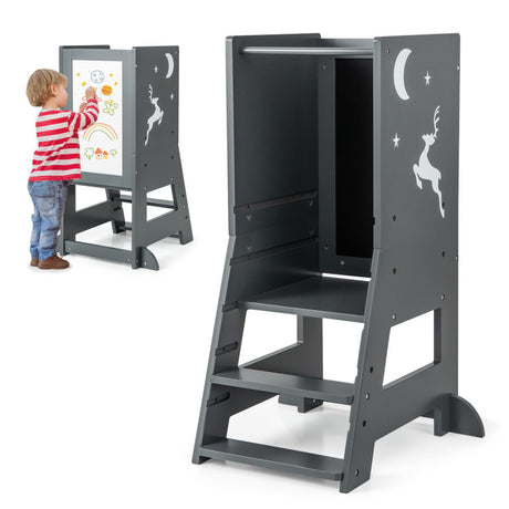 Toddler Kitchen Stool Helper Baby Standing Tower with Chalkboard and Whiteboard
