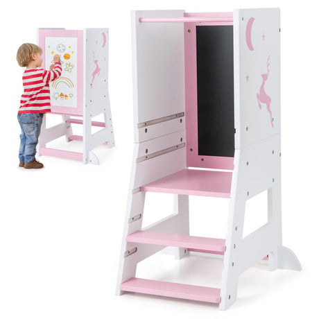 Toddler Kitchen Stool Helper Baby Standing Tower with Chalkboard and Whiteboard