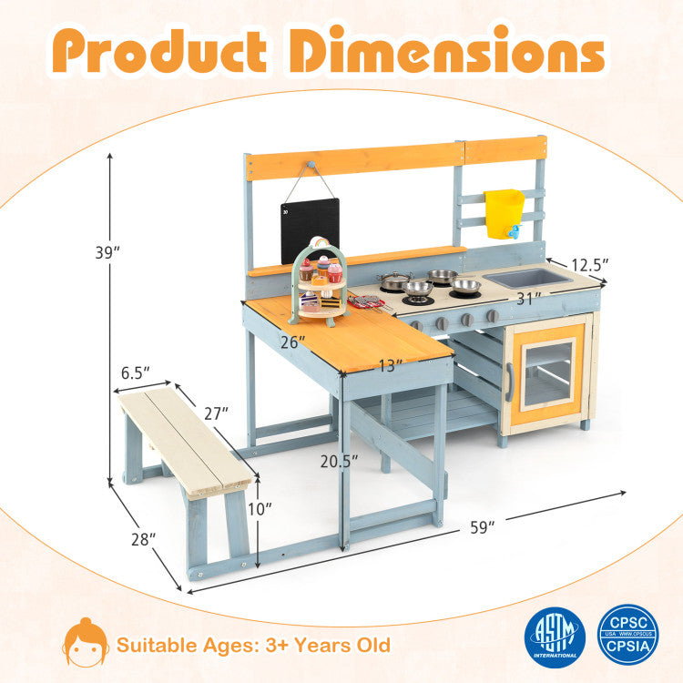 Fir Wood Play Kitchen with Kids Picnic Table