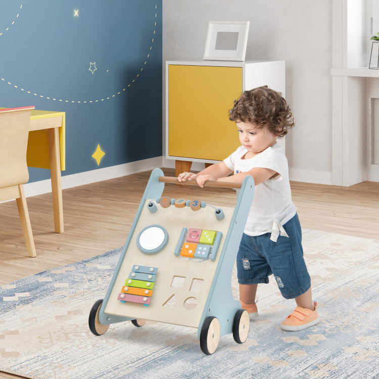 Wooden Baby Walker Toddler Push Walker with  Xylophone and Flip Blocks