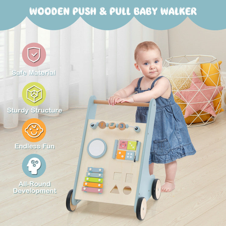 Wooden Baby Walker Toddler Push Walker with  Xylophone and Flip Blocks