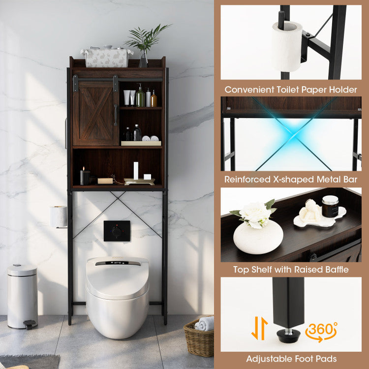 4-Tier Multifunctional Toilet Sorage Cabinet with Adjustable Shelf and Sliding Barn Door