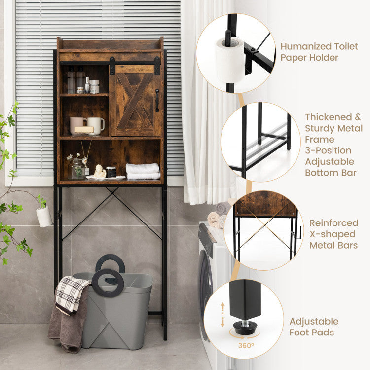 4-Tier Multifunctional Toilet Sorage Cabinet with Adjustable Shelf and Sliding Barn Door
