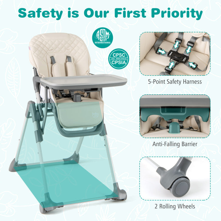 Foldable High Chair with Footrest and Detachable Tray