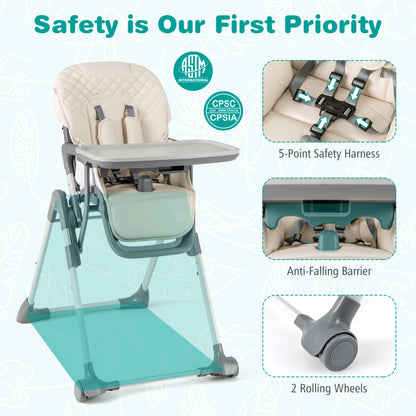 Foldable High Chair with Footrest and Detachable Tray